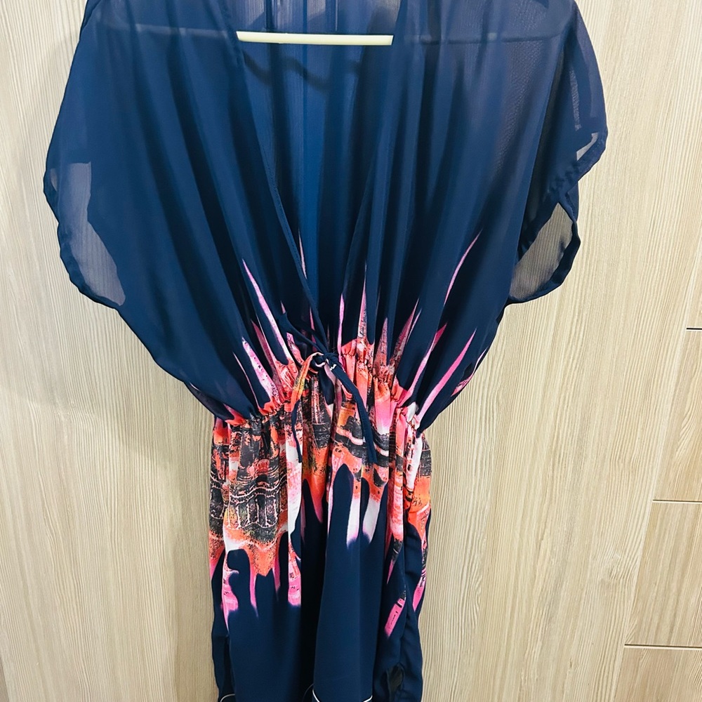 Navy Blue Sheer Waist-Drawstring Swim Cover-up with Pink-Orange Print